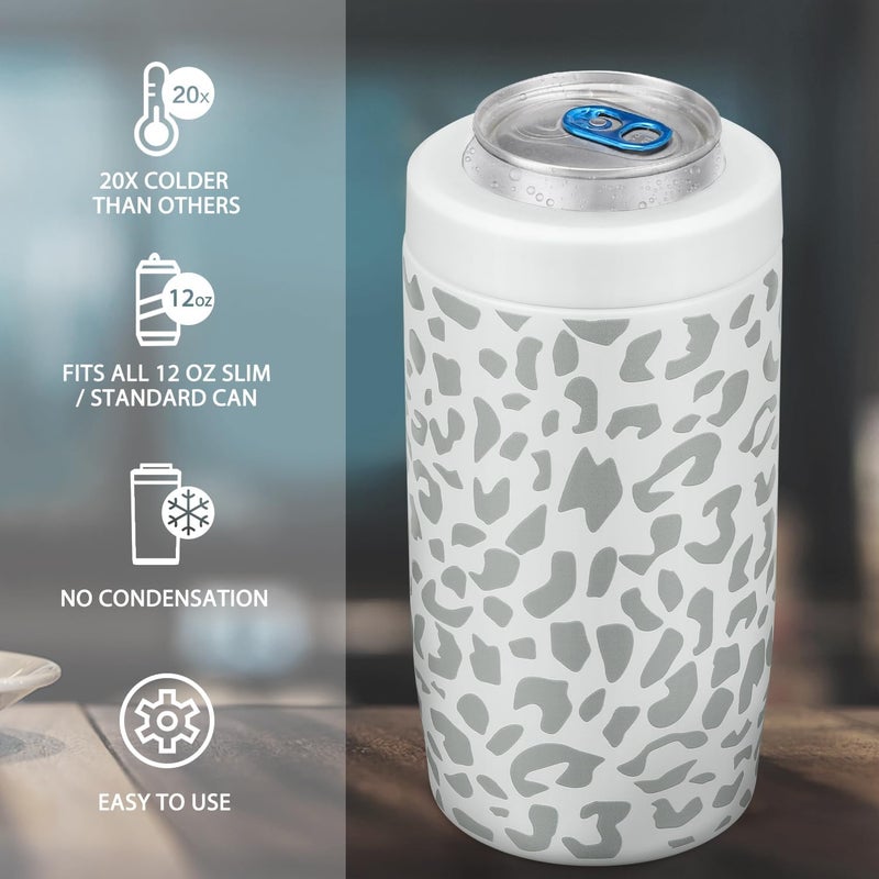 ITSLIFE 4-in-1 Slim Can Cooler Easy to Hold Insulated Beer Can Holder Double-walled Stainless Steel for All 12 Oz Cans Gift (White Leopard) - Image 3
